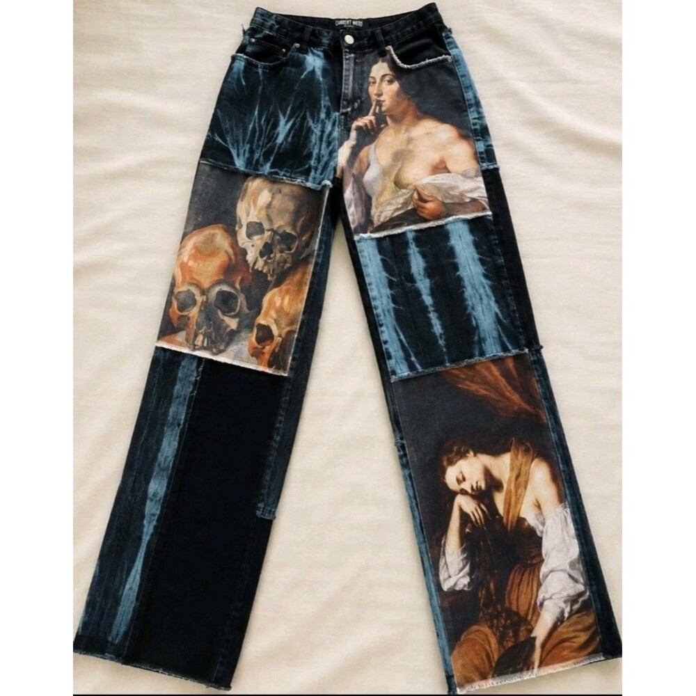 Dolls Kill Current Mood Into The Fantasy Renaissance Patchwork Jeans XS Goth Y2K - Picture 2 of 9
